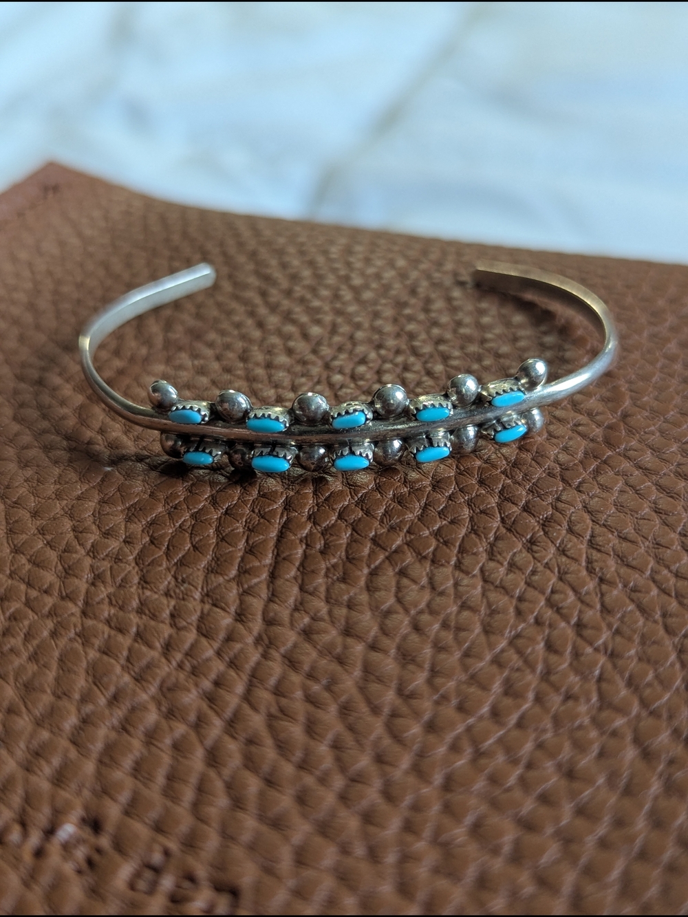 Zuni Native American Sterling Silver Turquoise Accent Cuff Bracelet